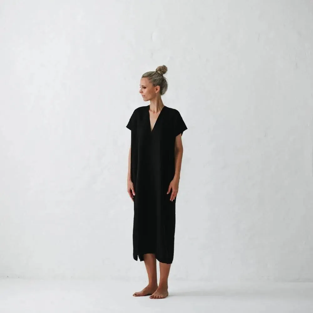 Linen V neck dress black by Seaside Tones