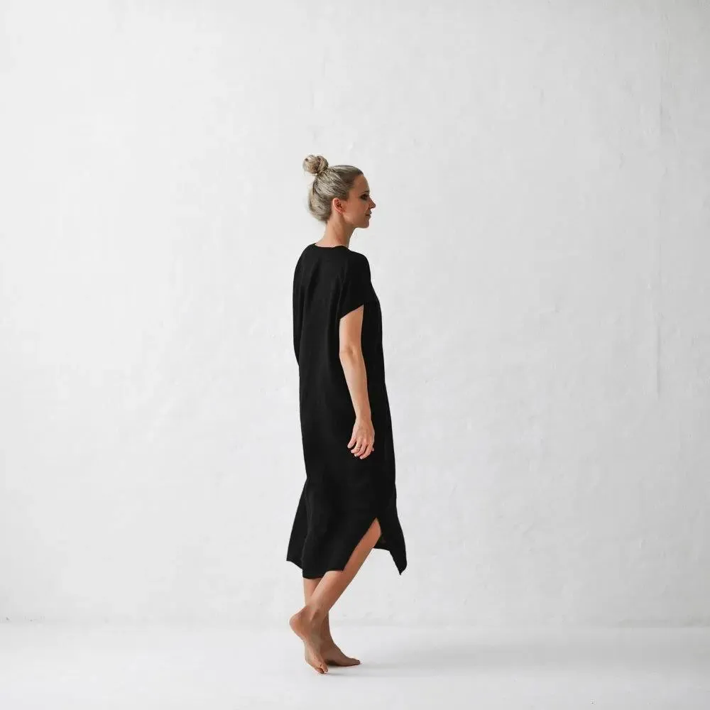 Linen V neck dress black by Seaside Tones