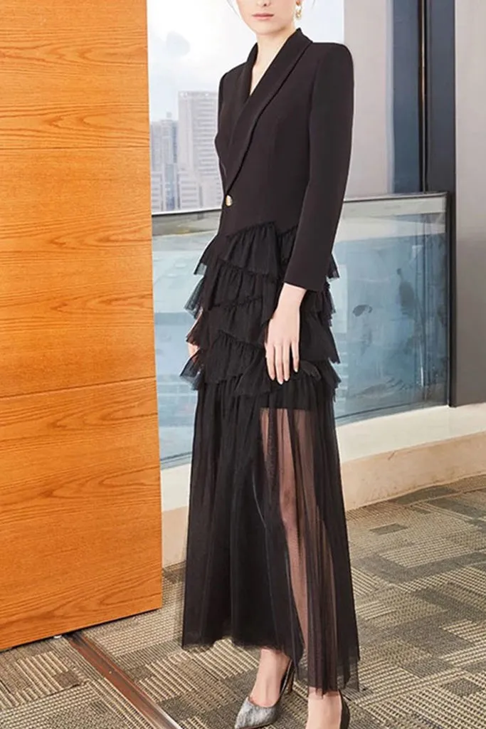 LONG SLEEVE ONE BUCKLE TULLE HEM CONTRAST DRESS