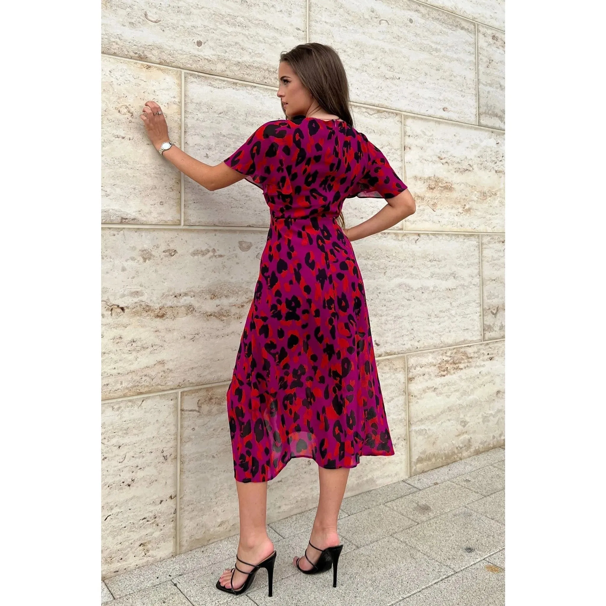 Magenta, Orange & Black Animal Print Chiffon Midi Dress