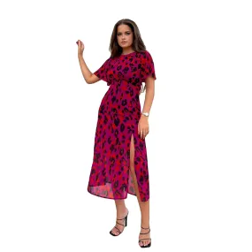 Magenta, Orange & Black Animal Print Chiffon Midi Dress