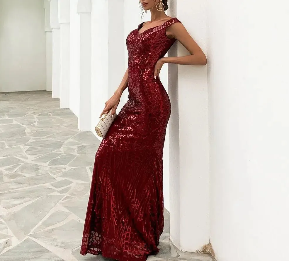 Maroon Off Shoulder Sequin Maxi Dress