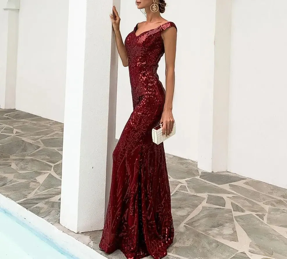 Maroon Off Shoulder Sequin Maxi Dress