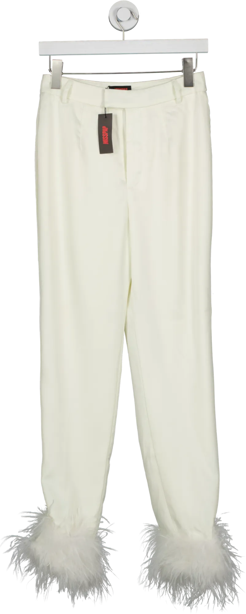 Misspap White Milan Premium Satin Feather Trim Trousers Ivory UK 8