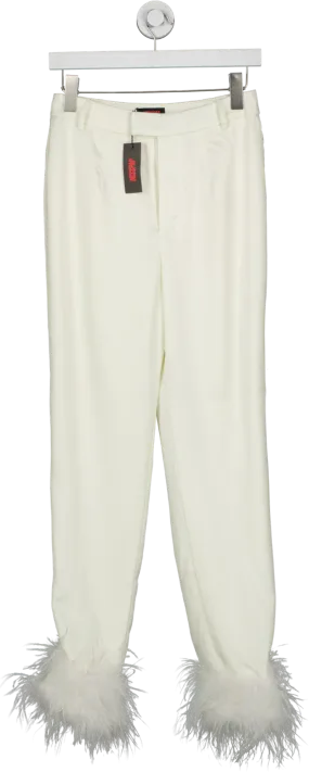 Misspap White Milan Premium Satin Feather Trim Trousers Ivory UK 8