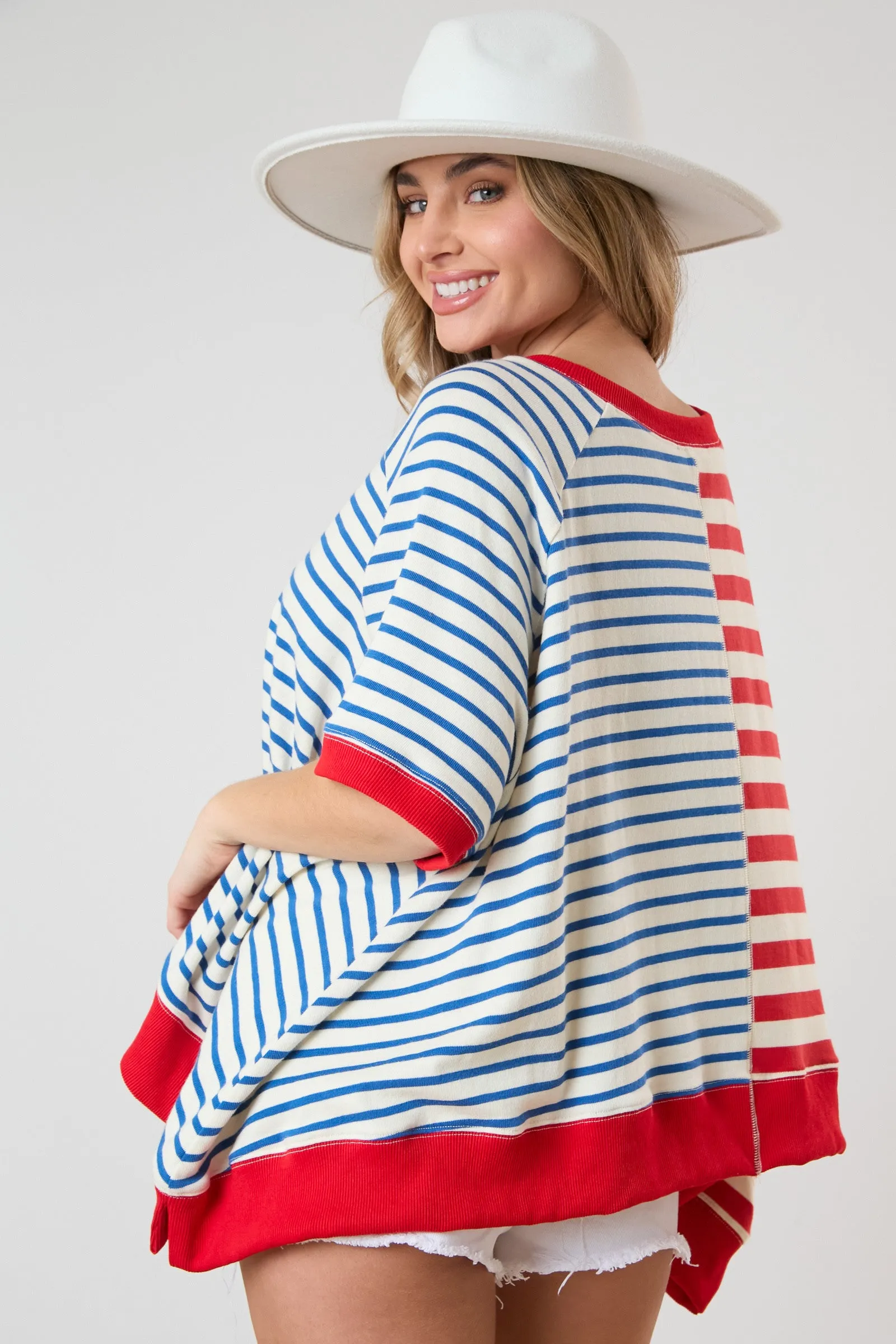 Mixed Multi Stripe Short Sleeve Oversized Sweatshirt