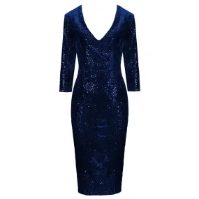 Navy Blue 3/4 Sleeve V Neck Velour Sequin Pencil Wiggle Dress