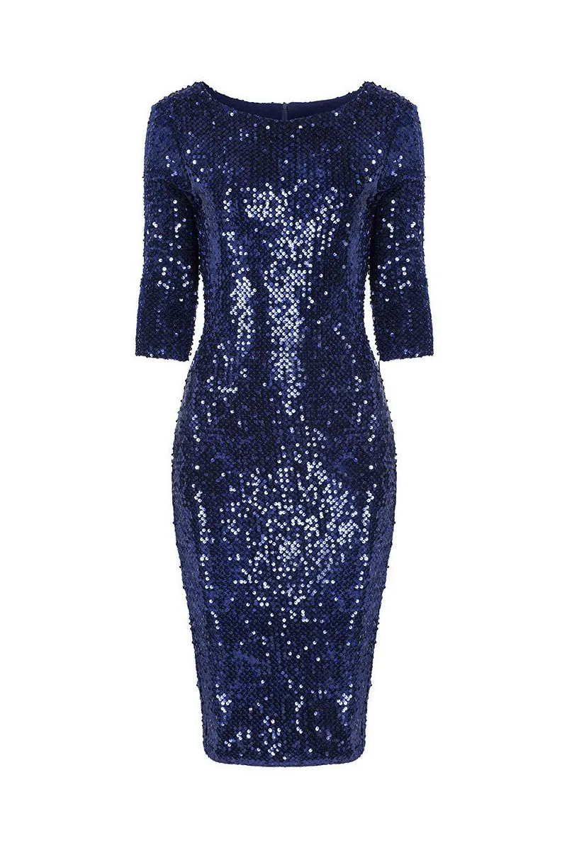 Navy Blue Velour Sequin Wiggle Dress