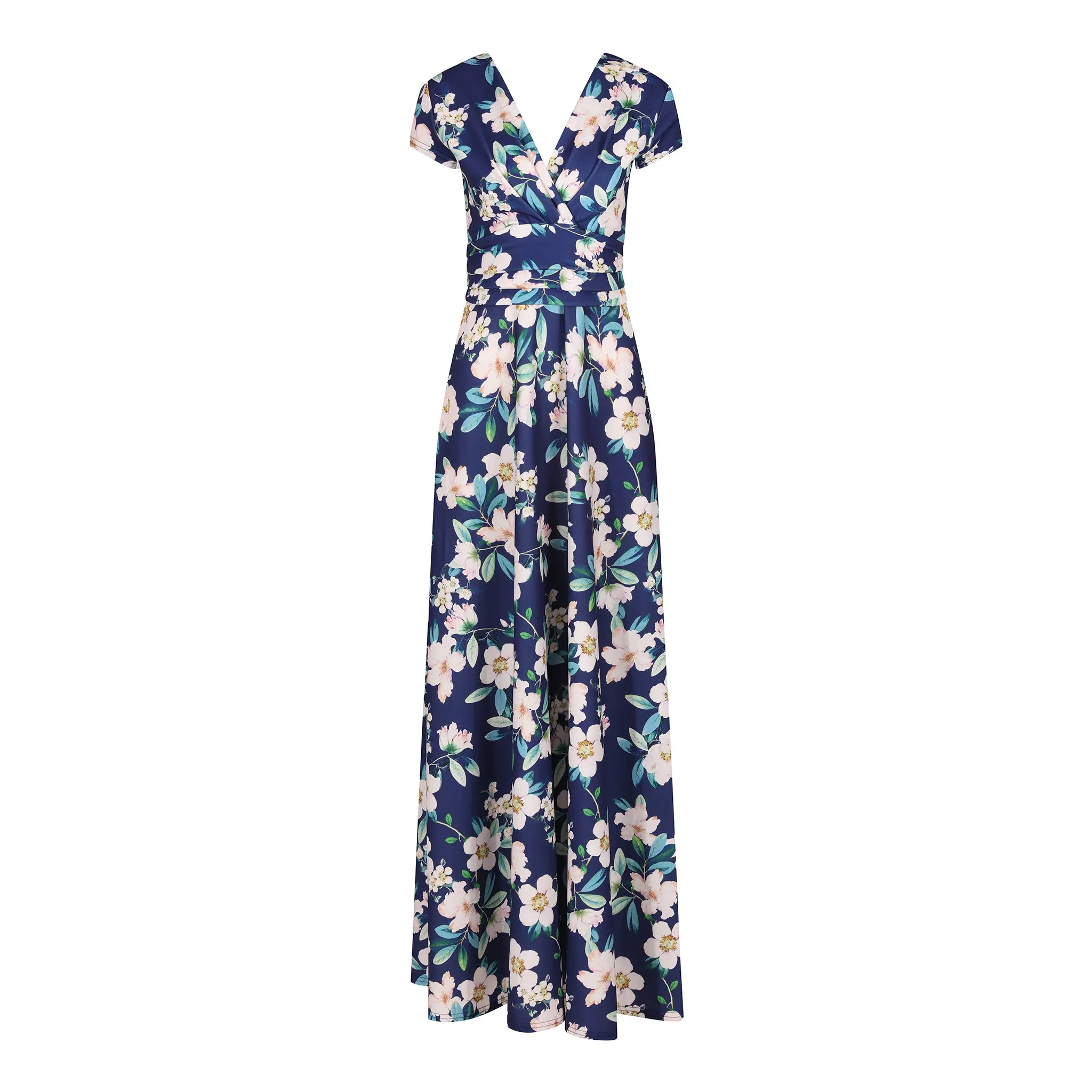 Navy Floral Print Cap Sleeve Wrapover Maxi Dress