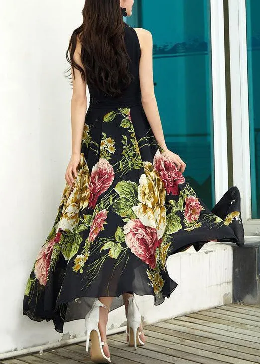 New Black V Neck Print Chiffon Long Dresses Sleeveless AS1042