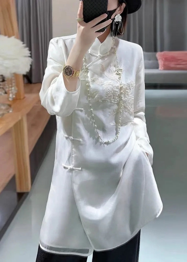 New White Stand Collar Embroidered Button Silk Shirt Long Sleeve QA1043