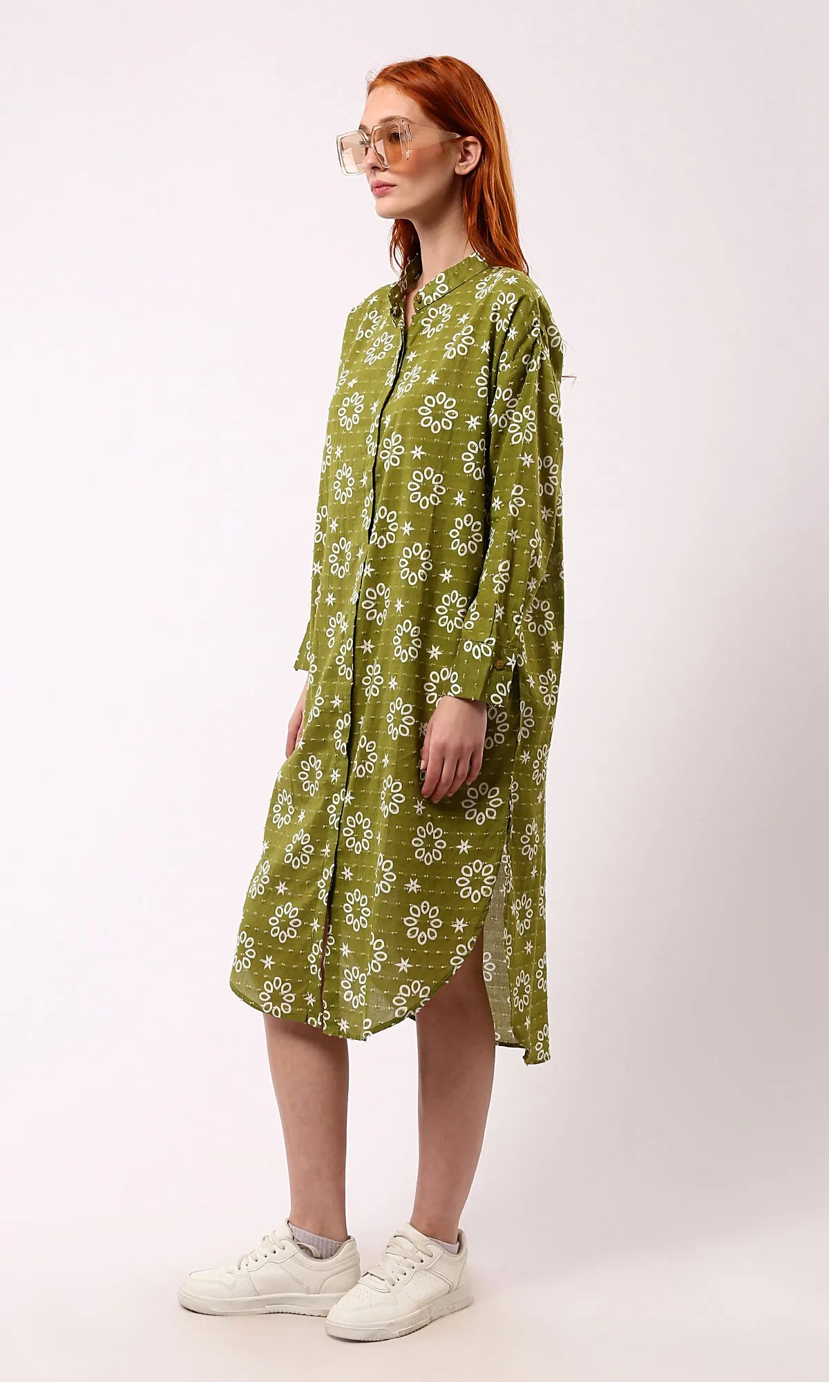 O178039 Olive Floral Shirt Dress With Front Hidden Buttons