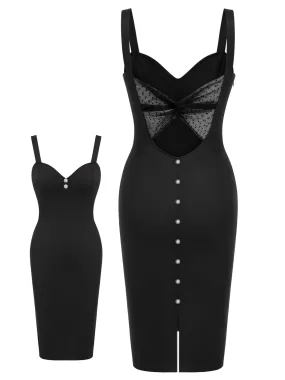 [Pre-Sale] Black 1960s Solid Pearl Buttons Suspender Dress