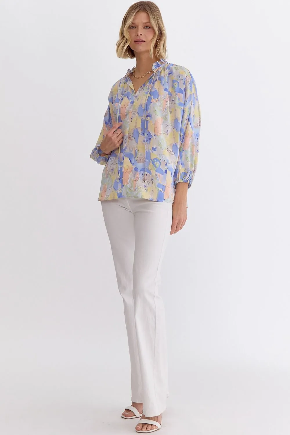 Printed V-Neck 3/4 Sleeve With Ruffle Detail Top