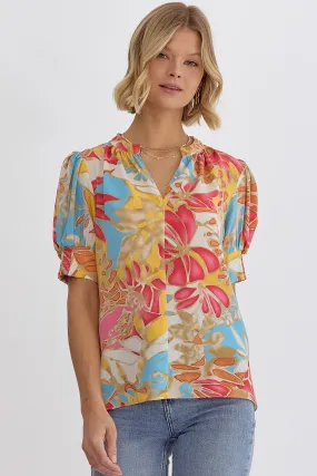 Puff Shoulder Printed V-Neck Short Sleeve Top