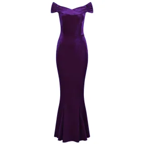 Purple Cap Sleeve Crossover Bust Fishtail Hem Velour Maxi Dress