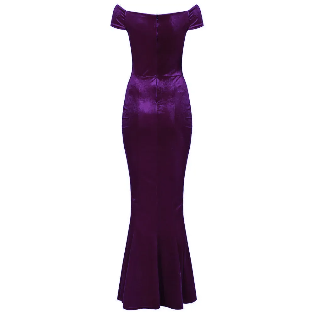 Purple Cap Sleeve Crossover Bust Fishtail Hem Velour Maxi Dress