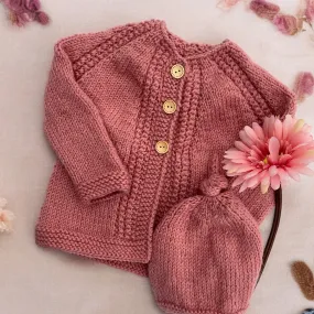 "Malone" hand knit merino baby cardigan and hat set