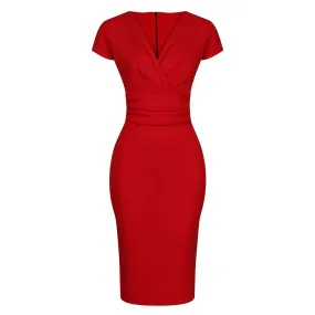 Red Deep V Cap Sleeve Bodycon Ruched Waist Wiggle Dress