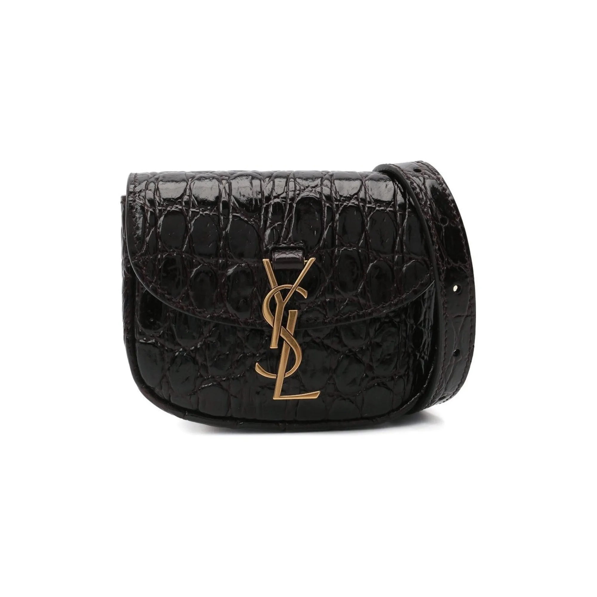 Saint Laurent Kaia Black Leather Croc Embossed Mini Belt Bag