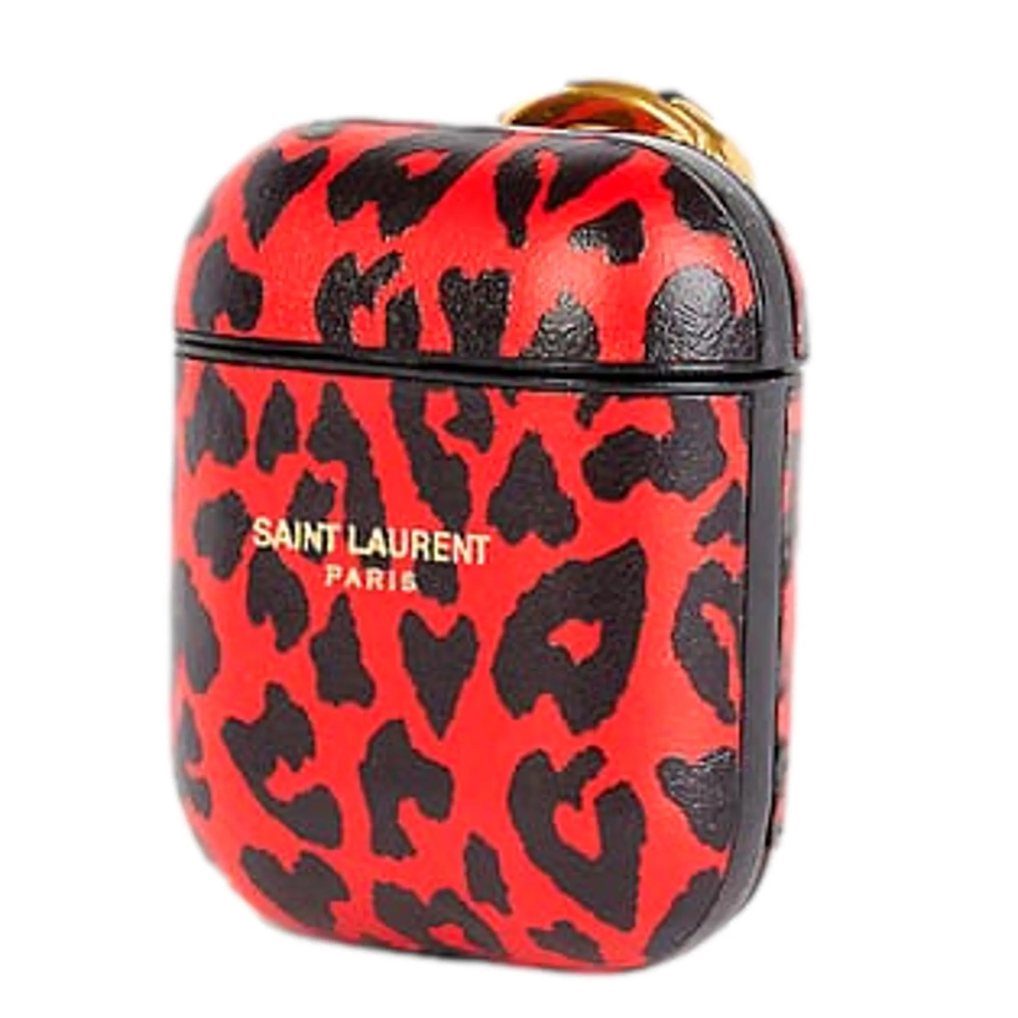 Saint Laurent Leopard Print Black and Red Leather Airpods Case