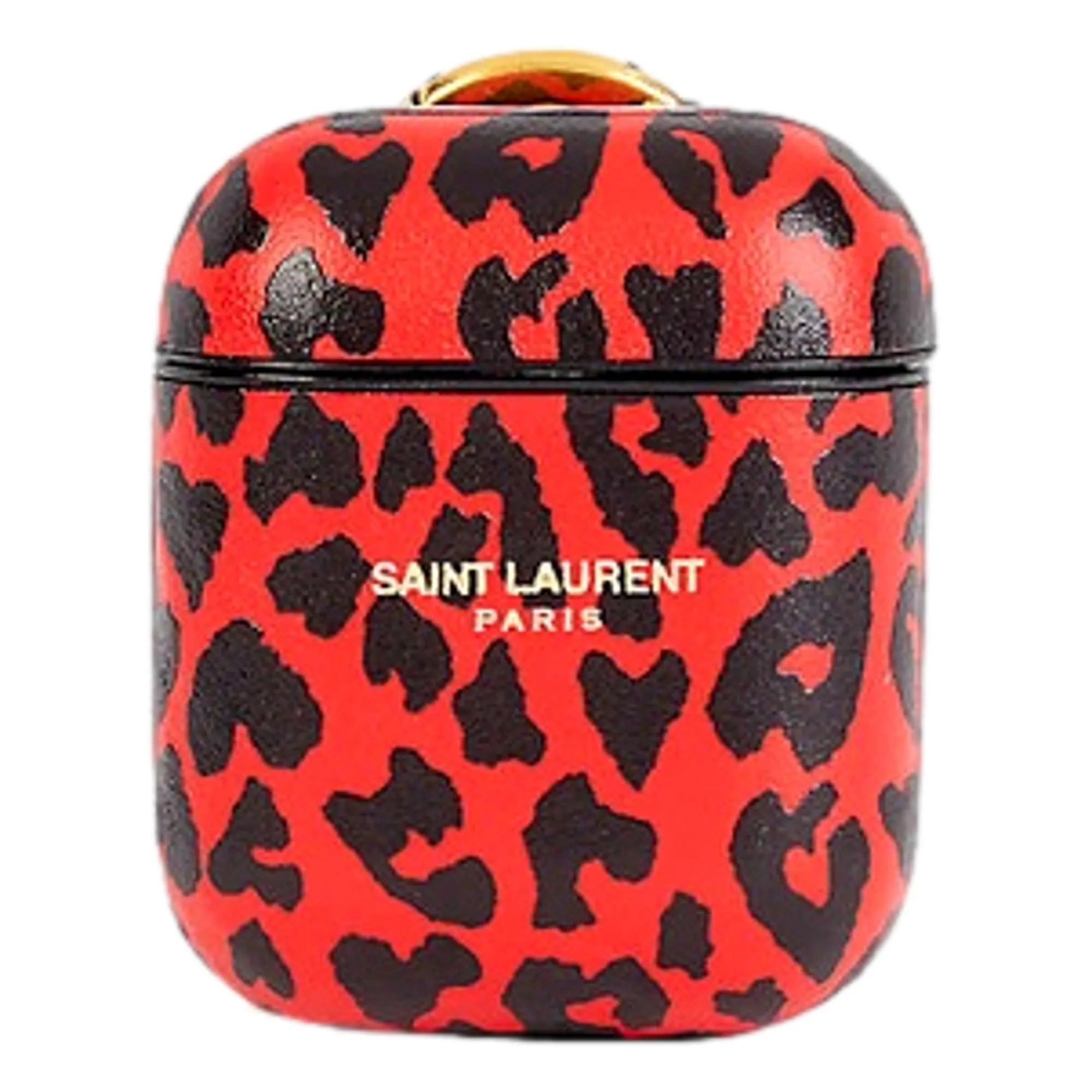 Saint Laurent Leopard Print Black and Red Leather Airpods Case