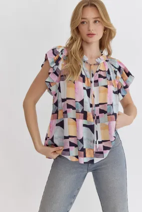 Self Tie Geo Print N-Neck Ruffle Sleeve Top