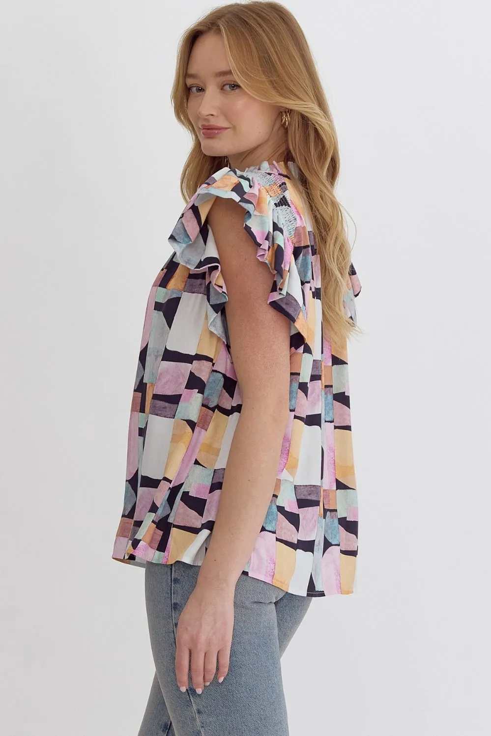 Self Tie Geo Print N-Neck Ruffle Sleeve Top