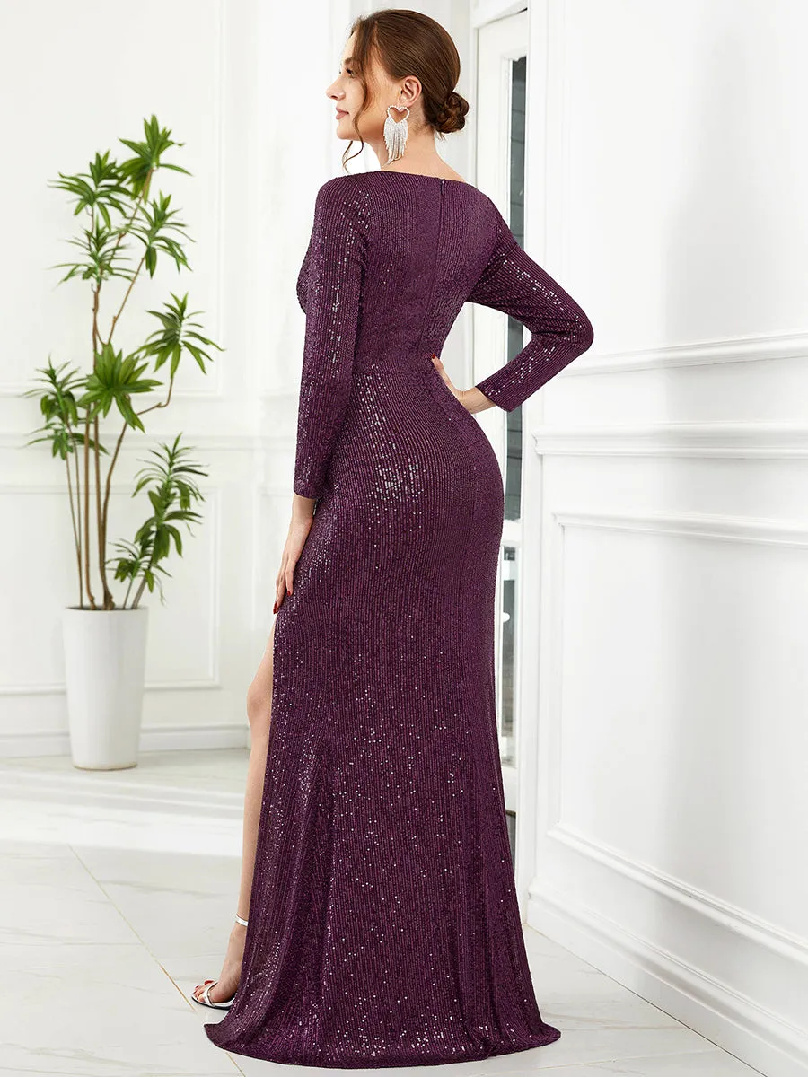 Shiny V Neck Sequin Wholesale Evening Party Dress with Long Sleeve