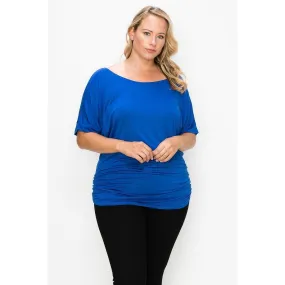 Short Sleeve Top Featuring A Round Neck And Ruched Sides