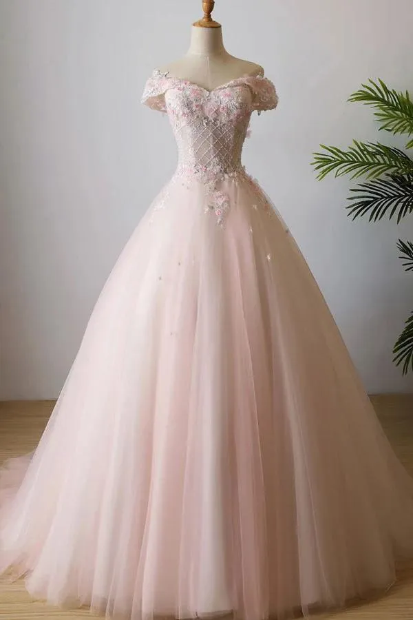 Stunning Off the Shoulder Pink Ball Gown Quinceanera Dresses Tulle 3D Flowers Prom Dresses