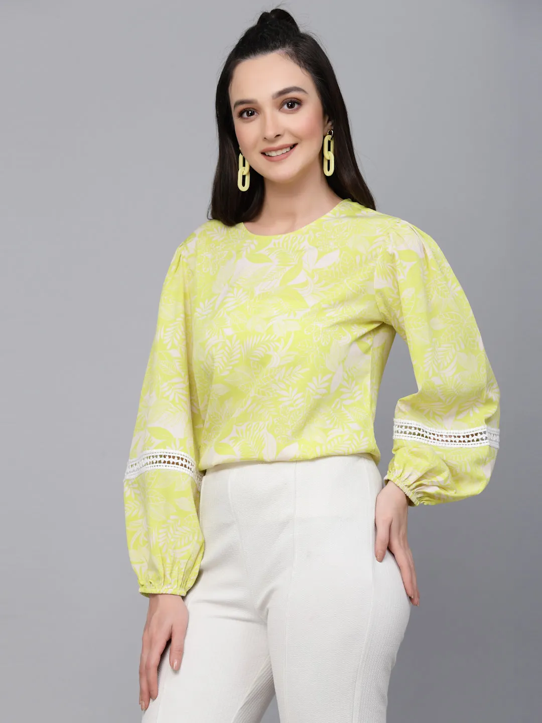 Style Quotient Women Lemon Yellow Floral Printed Polyester Regular Smart Casual Top