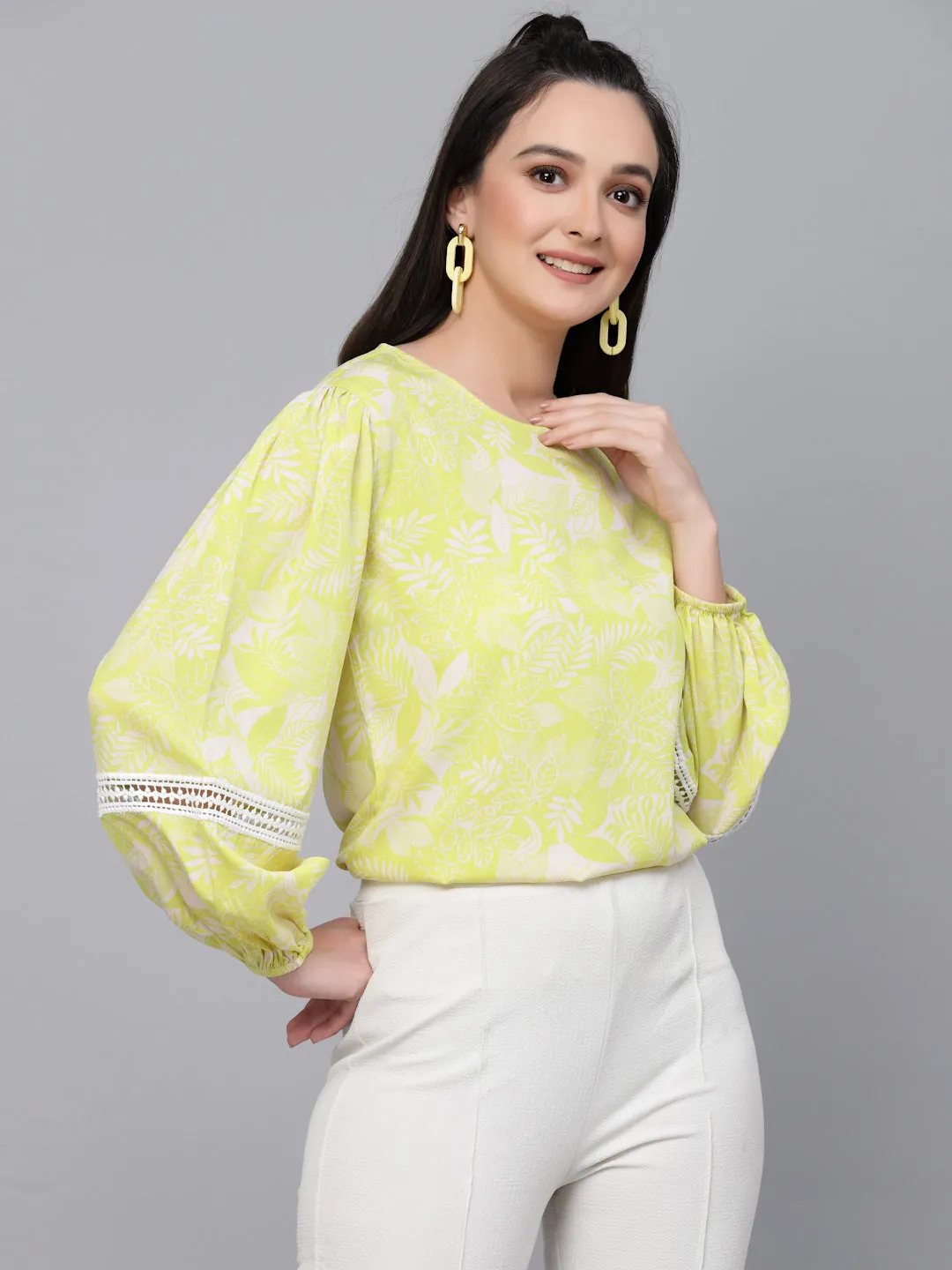 Style Quotient Women Lemon Yellow Floral Printed Polyester Regular Smart Casual Top