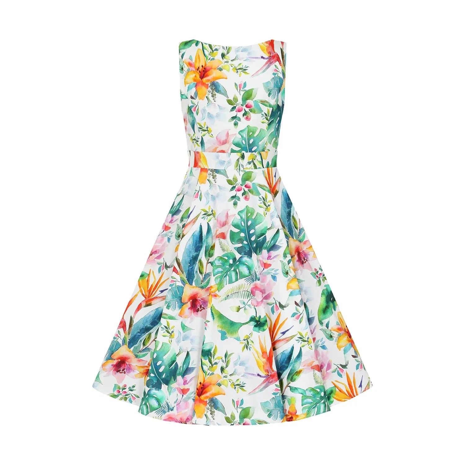 Tropical Print White Floral Summer Swing Party Dress