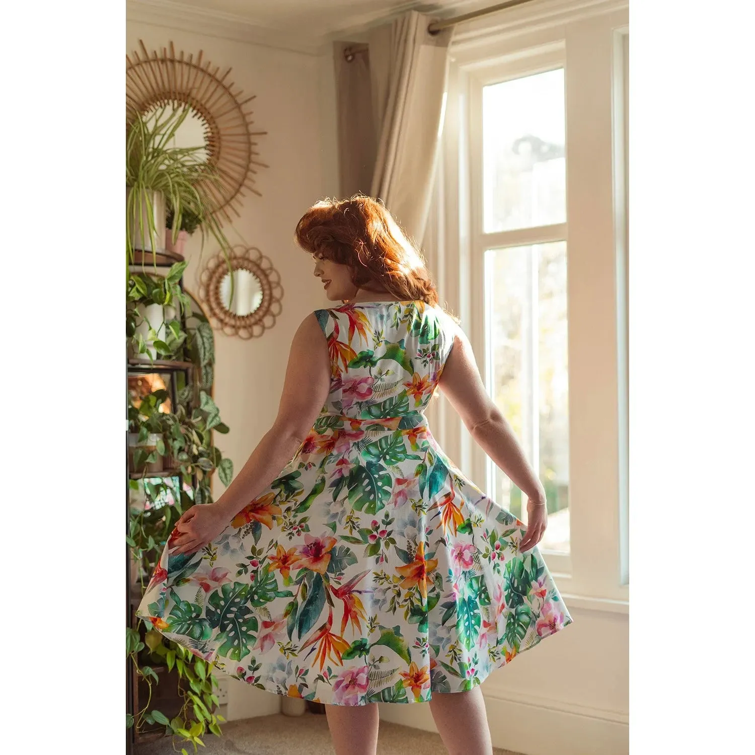 Tropical Print White Floral Summer Swing Party Dress