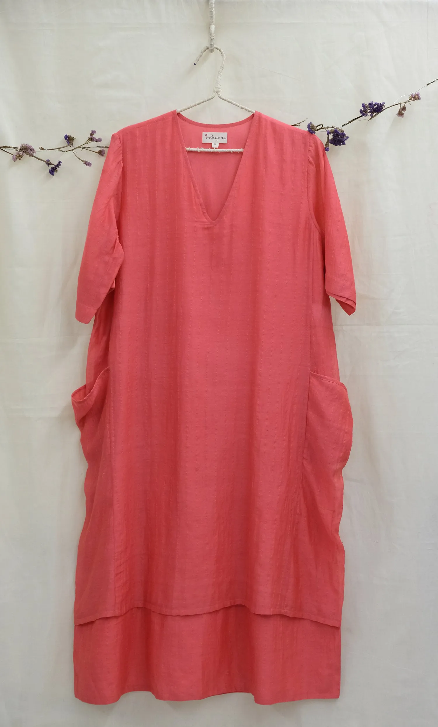 V-neck Zari Chanderi layered Dress Deep Coral