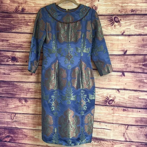 Vintage Silk Brocade Bill Blass Blue Satin Dress