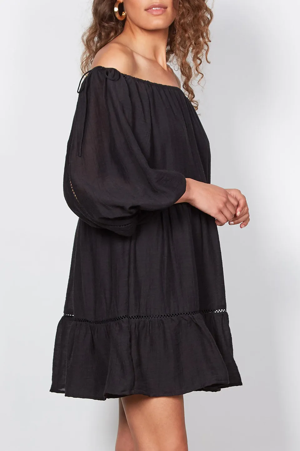 Voyage Off Shoulder Crop Sleeve Mini Black Dress