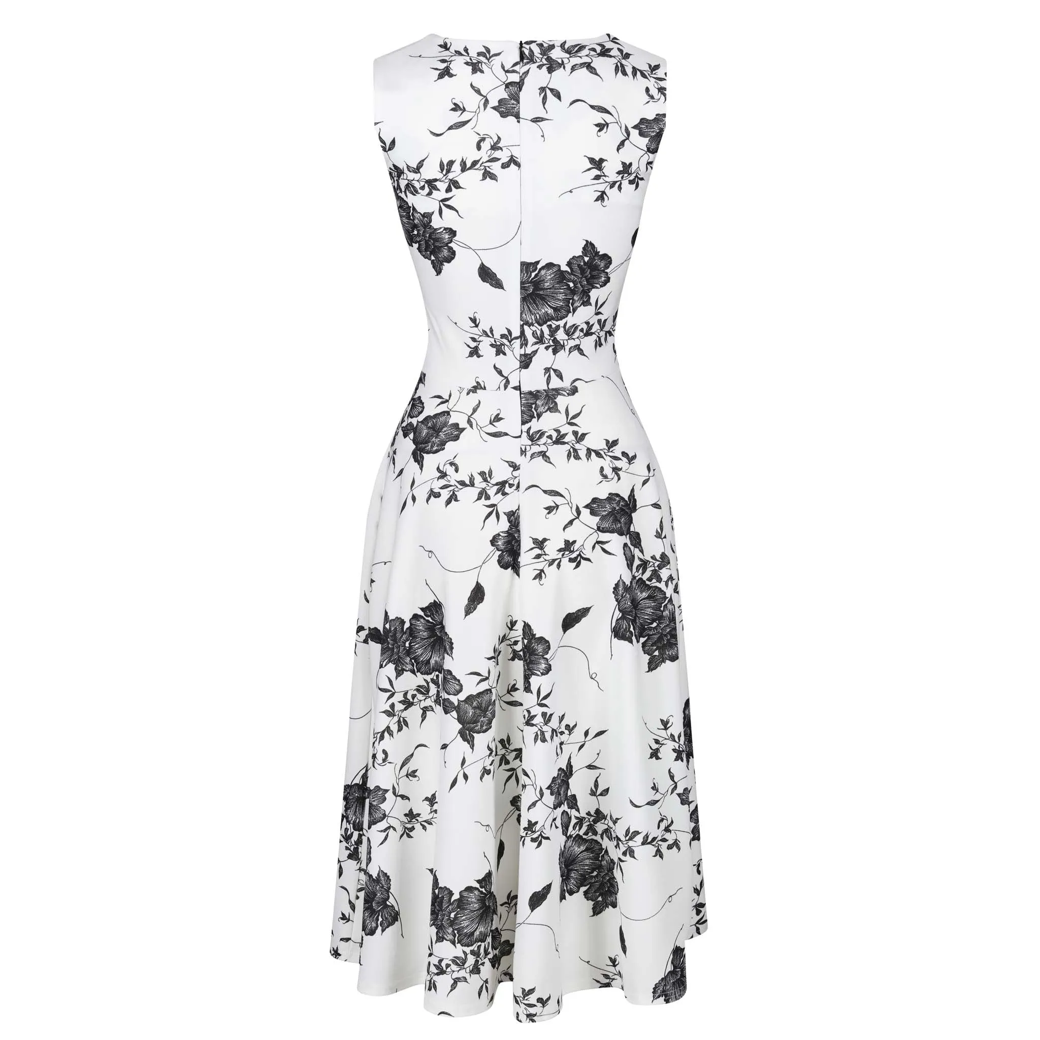 White And Black Floral Print Fit And Flare Swing Dress