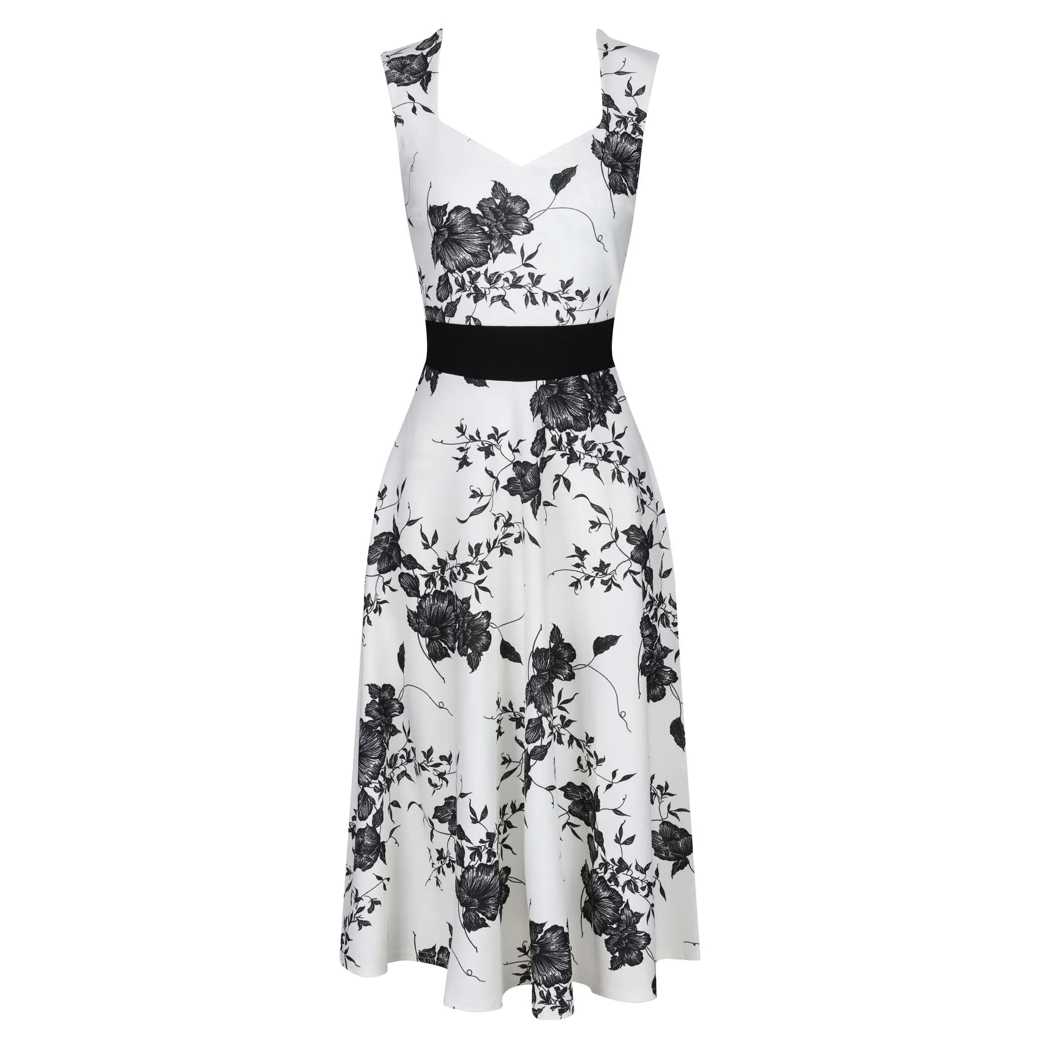 White And Black Floral Print Fit And Flare Swing Dress