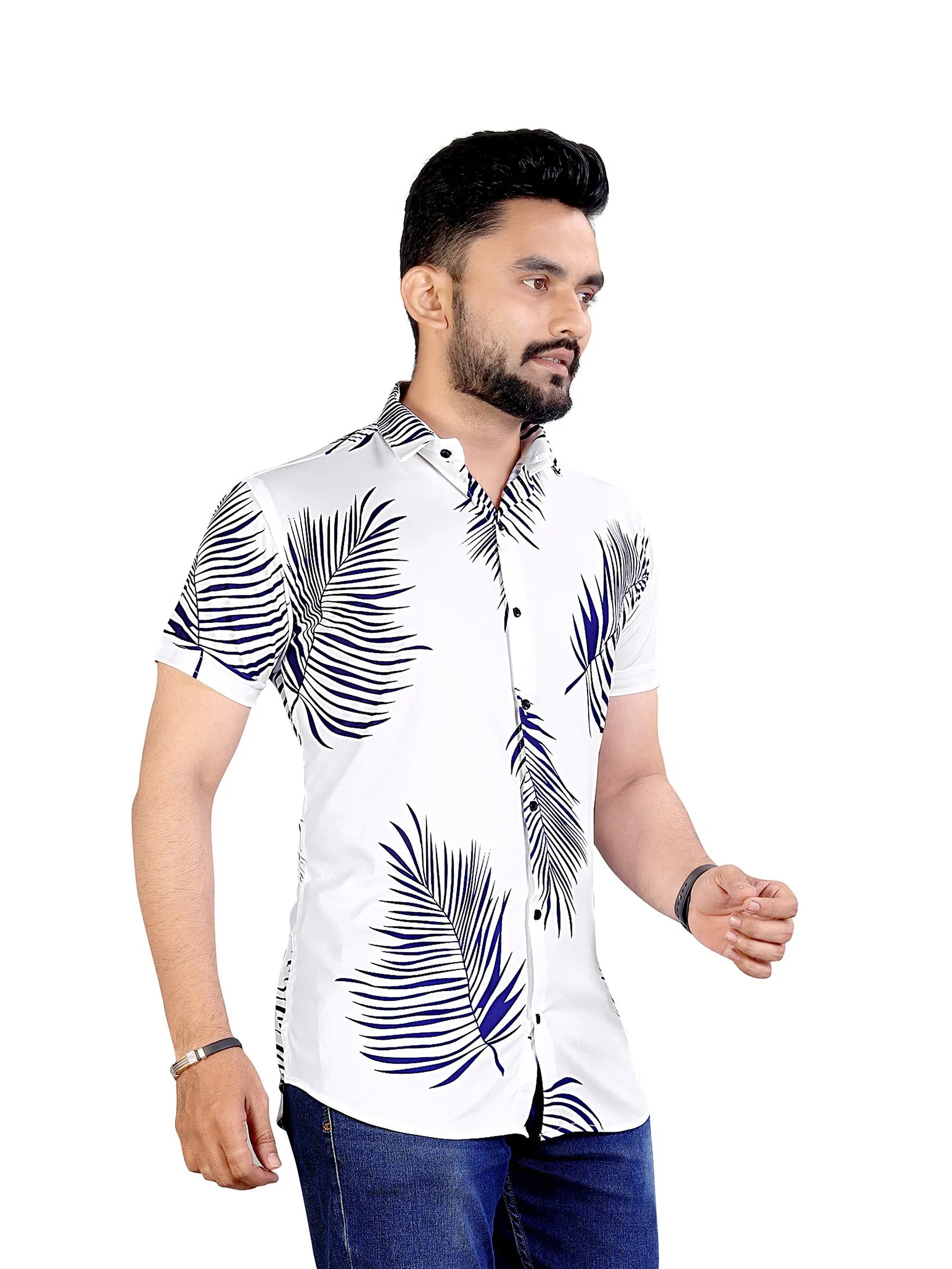 White Palm Leaf Printed Half Sleeve Shirt