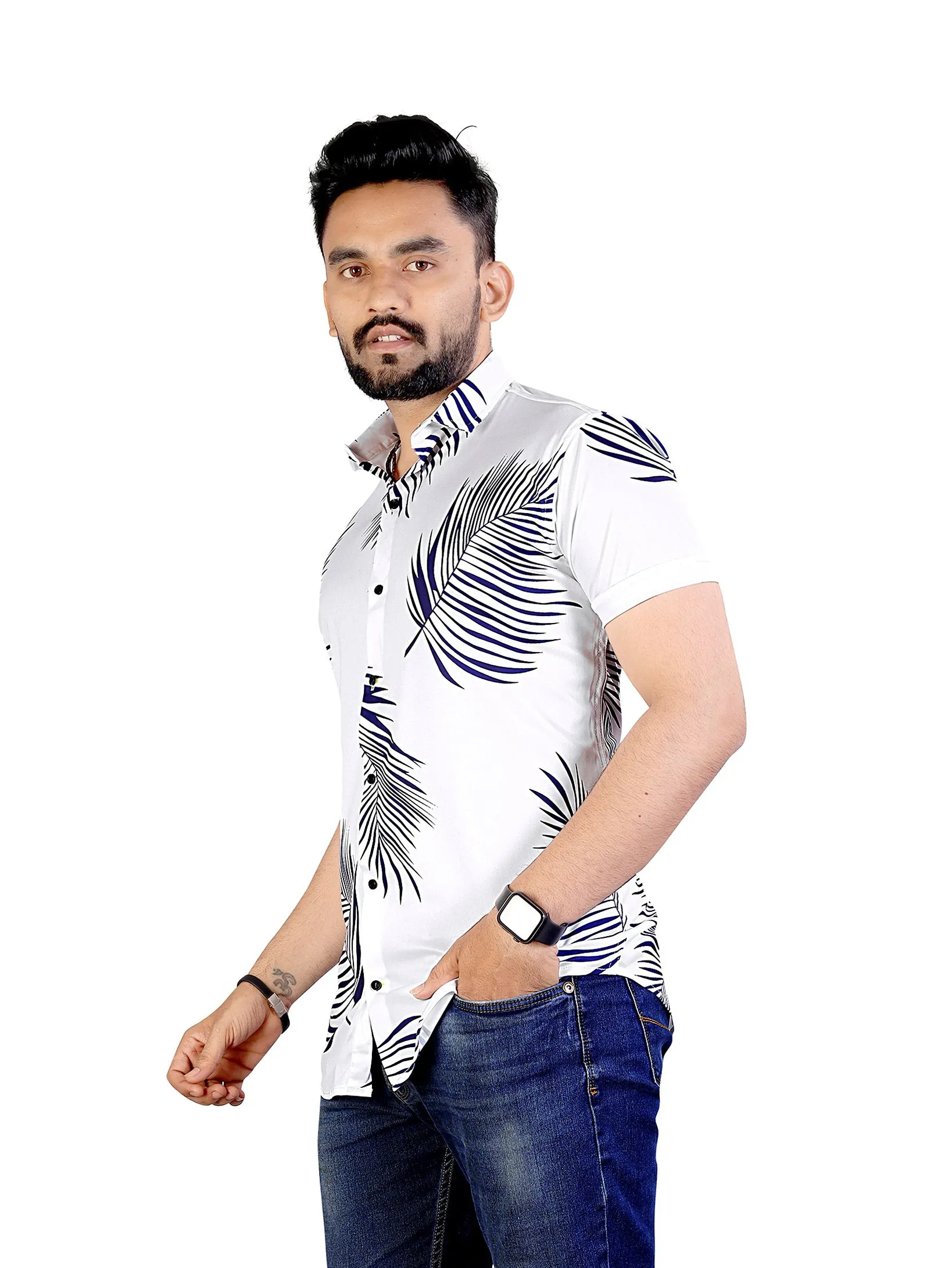 White Palm Leaf Printed Half Sleeve Shirt