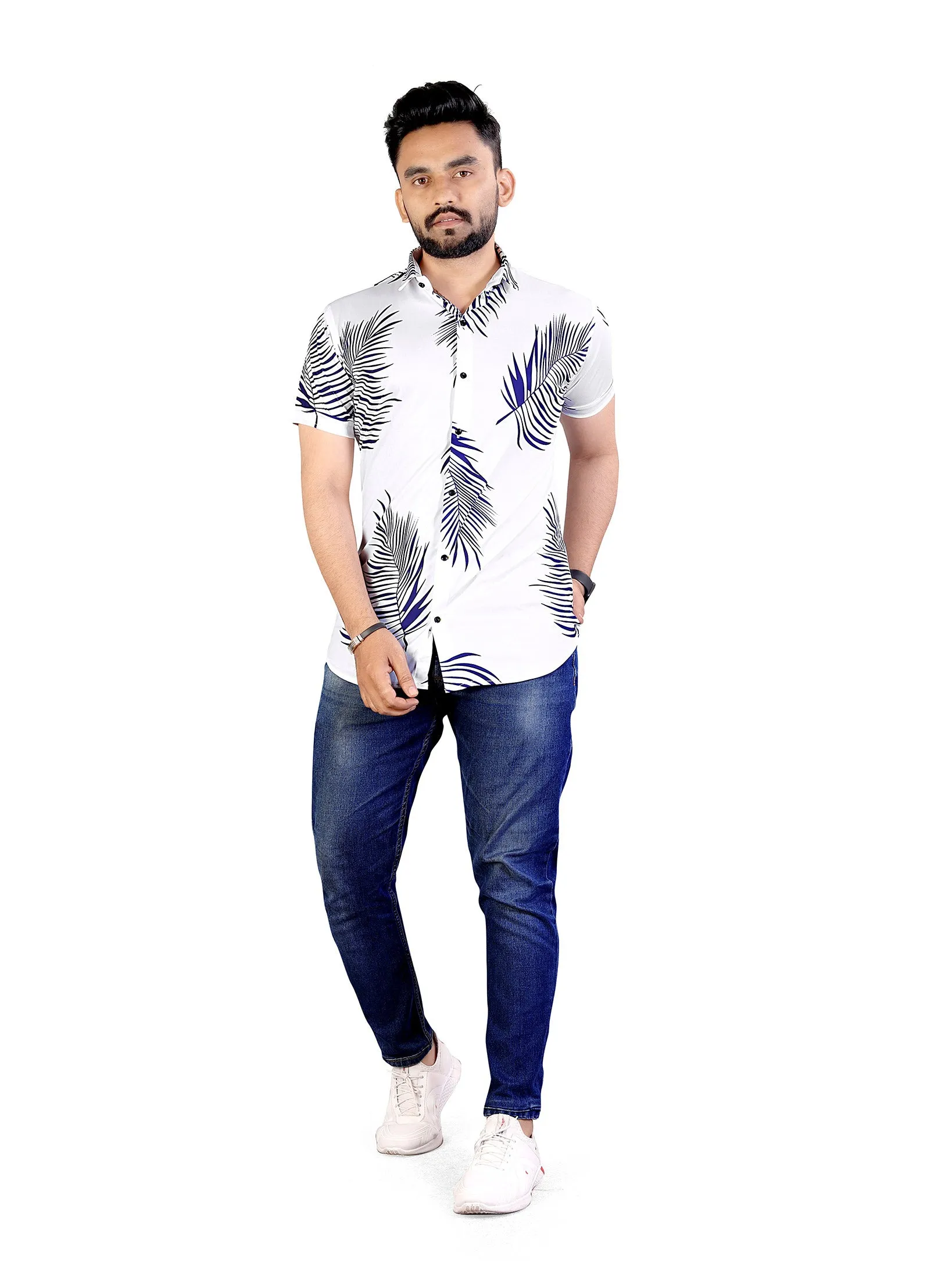 White Palm Leaf Printed Half Sleeve Shirt