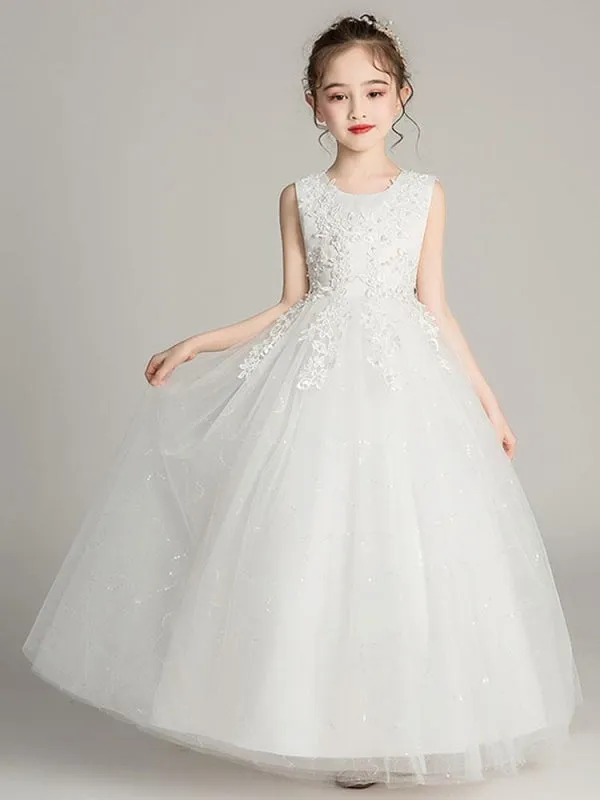 White Tulle Lace Princess Flower Girl Dresses Jewel Neck Tulle Embroidered Ankle Length Kids Dress