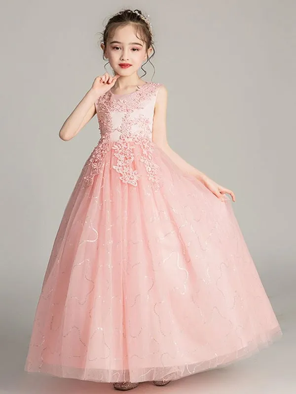 White Tulle Lace Princess Flower Girl Dresses Jewel Neck Tulle Embroidered Ankle Length Kids Dress