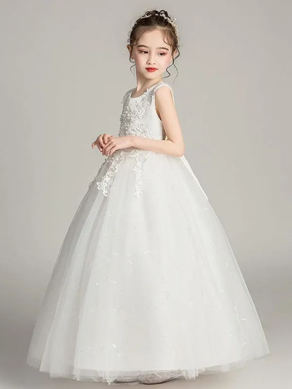 White Tulle Lace Princess Flower Girl Dresses Jewel Neck Tulle Embroidered Ankle Length Kids Dress