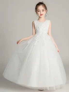 White Tulle Lace Princess Flower Girl Dresses Jewel Neck Tulle Embroidered Ankle Length Kids Dress