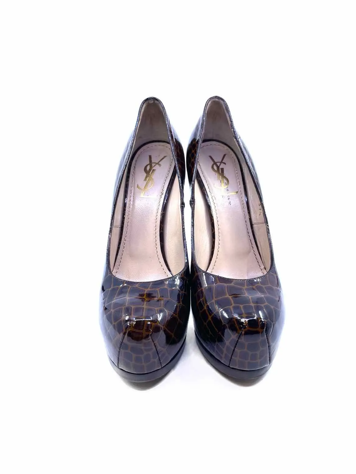 YVES SAINT LAURENT Size 7 Brown Patent Leather Pumps